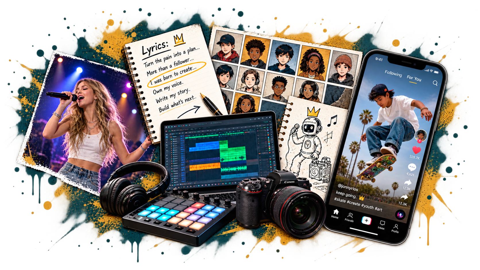 Collage of creative youth artifacts: lyrics notebook, character portraits, music production, camera, headphones, and social video