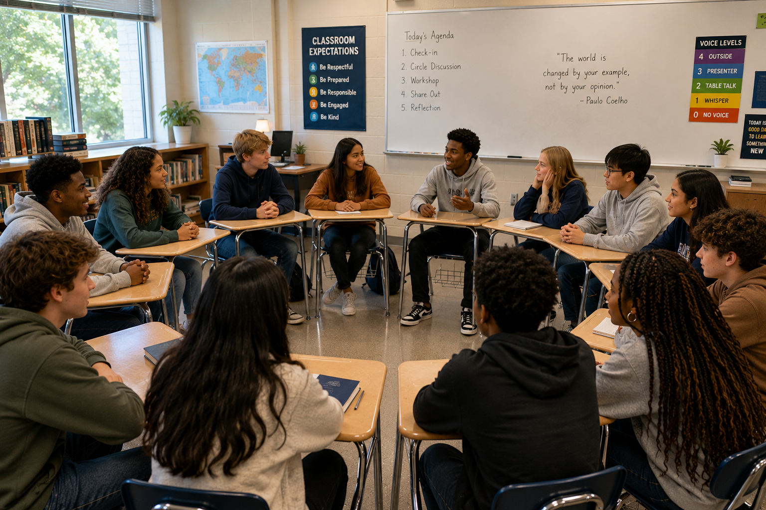 Young people seated in a classroom circle discussion