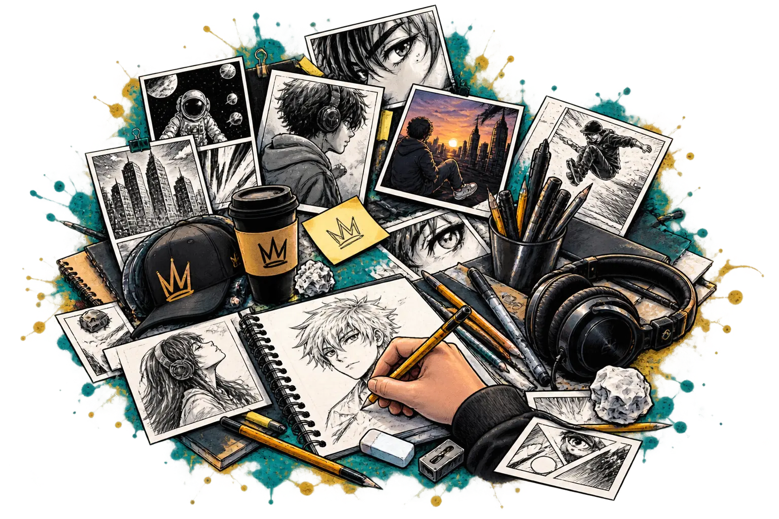 Panels collage: scattered polaroids of anime-style characters and city skylines, a hand sketching a portrait, manga sketchbooks, a crown-marked coffee cup and cap, headphones, pencils and pens, and teal and gold paint splatters