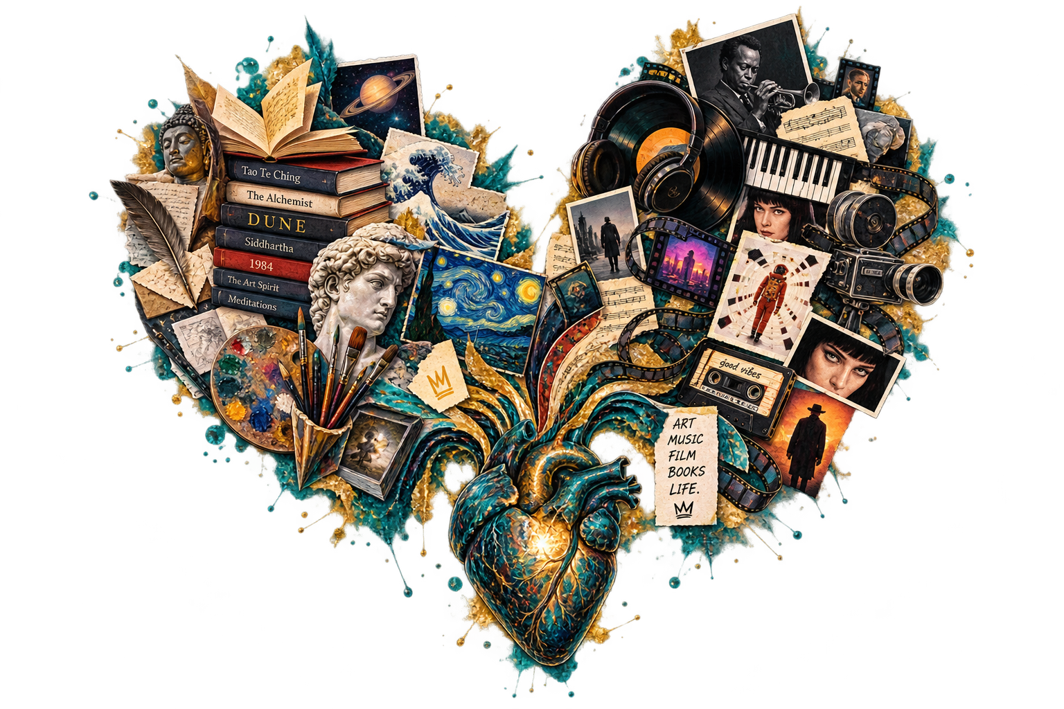 Vicarious collage: an anatomical heart at the center with teal and gold paint splatters, surrounded by books, a painter's palette and brushes, classical sculpture, Van Gogh's Starry Night, film strips, vinyl records, a cassette tape, headphones, a piano keyboard, a vintage camera, and photographs representing art, music, film, books and life