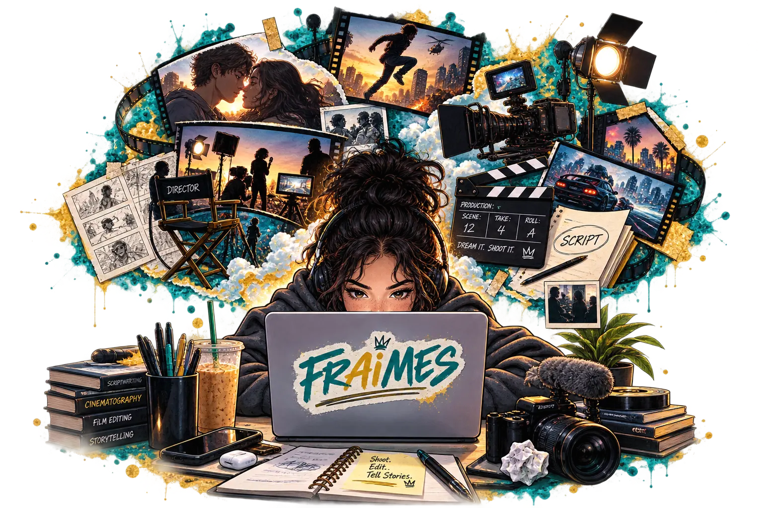 FRaiMES collage: a filmmaker at a laptop with the FRaiMES logo, surrounded by a clapperboard, cinema camera, director's chair, film strips, storyboards, script pages, books on scriptwriting, cinematography, film editing and storytelling, city-skyline frames, headphones, coffee, and teal and gold paint splatters
