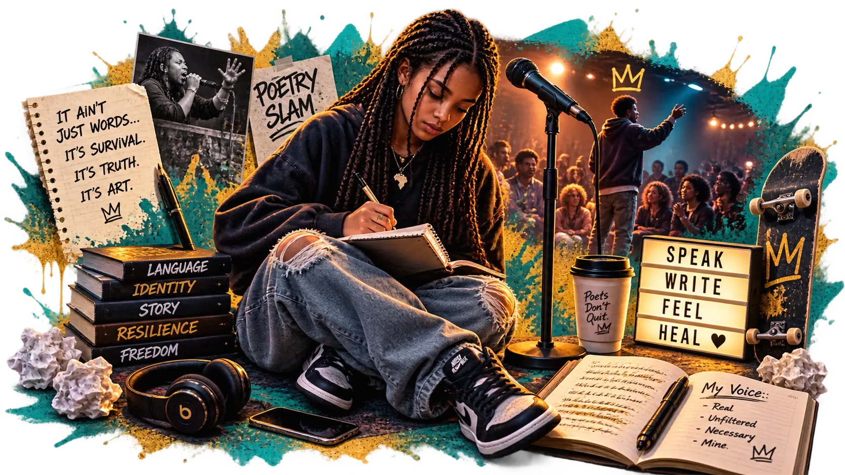 SNaP collage: a poet writing in a notebook, open mic stage, poetry-slam poster, books on language, identity, story, resilience and freedom, headphones, skateboard, and speak/write/feel/heal lightbox