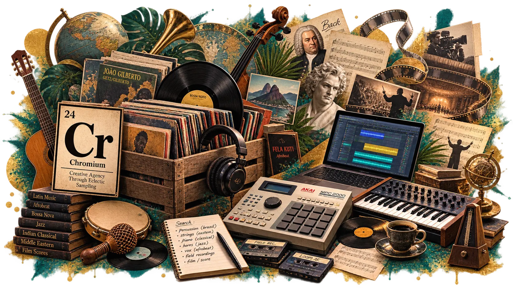 CrATES collage: vintage record crates, vinyl sleeves from Fela Kuti, Miles Davis, João Gilberto and Beethoven, an Akai MPC sampler, a laptop with audio stems, a globe, a gramophone, a drum kit, and notebooks listing samples from jazz, soul, Afrobeat, bossa nova, classical, Latin, funk, film scores and world music