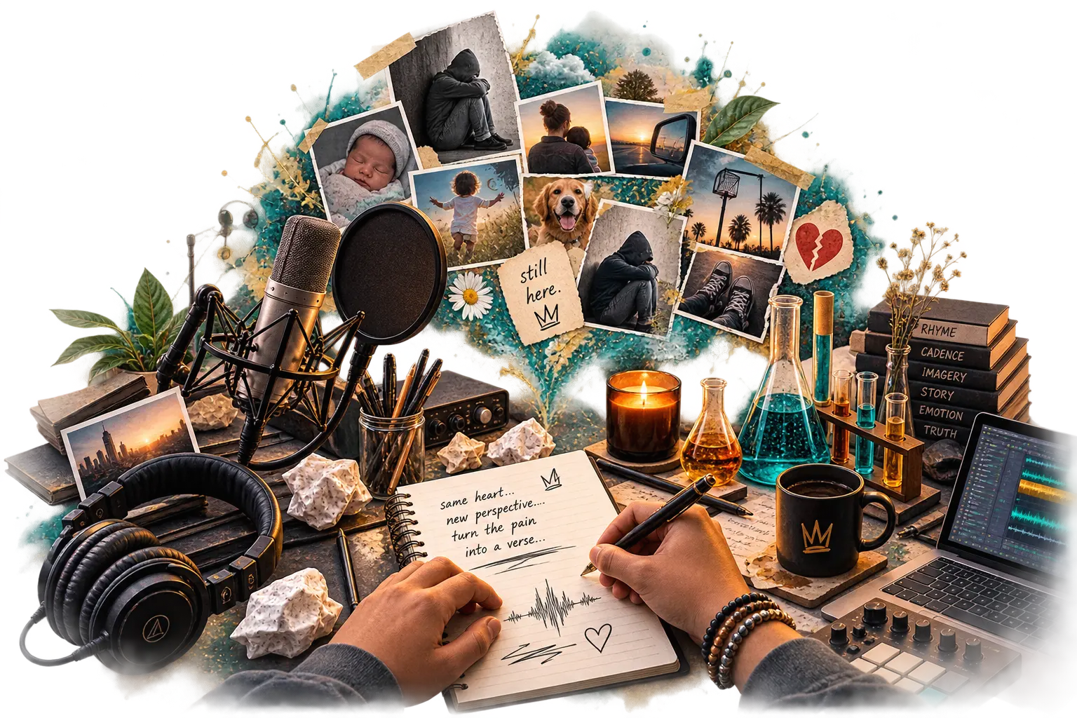 Lyric Lab collage: studio microphone, polaroid photos of life moments, lab beakers with teal liquid, a candle, headphones, a notebook with handwritten lyrics, a laptop with audio waveforms, books on rhyme, cadence, imagery, story, emotion and truth, and teal and gold paint splatters